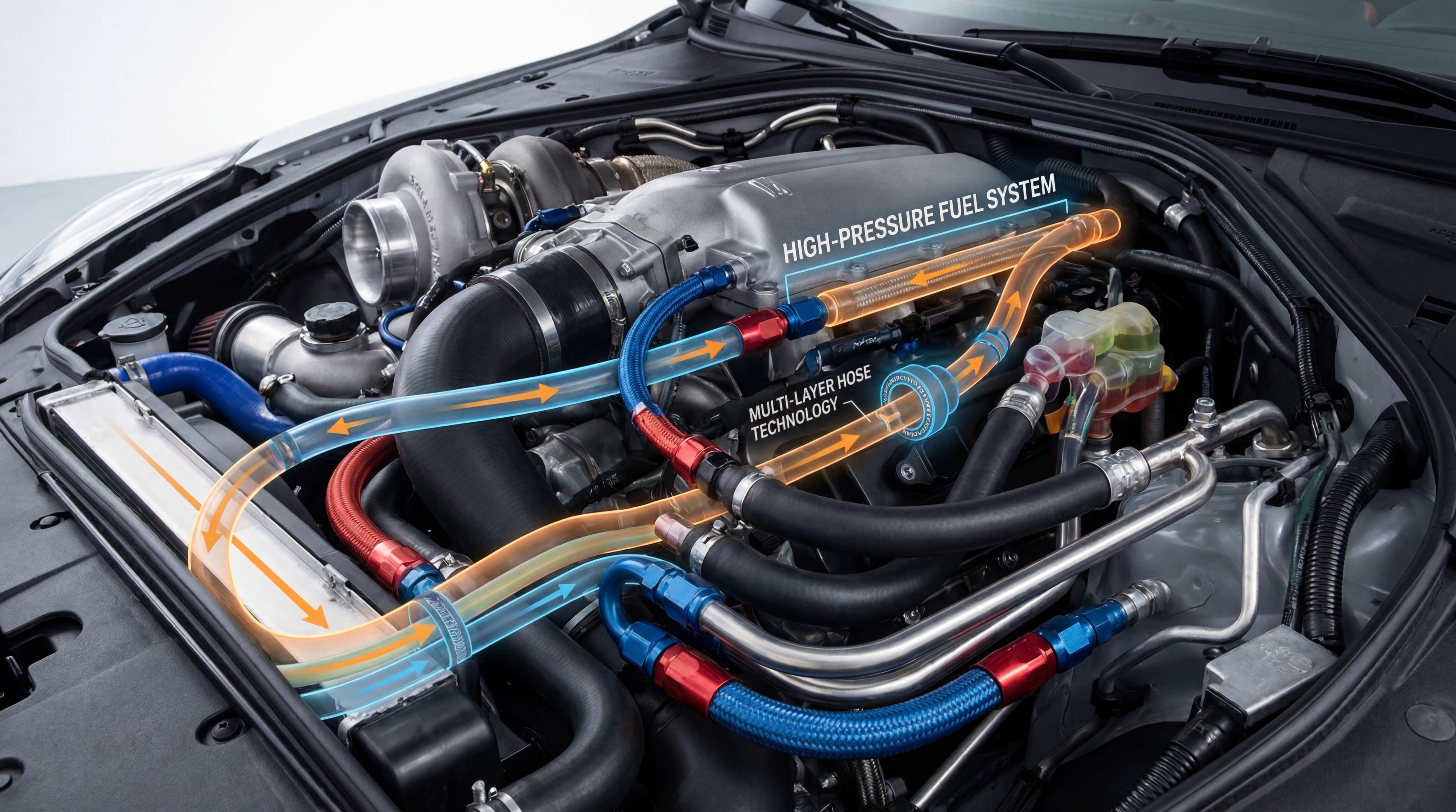 High-pressure fuel system with multi-layer fuel hose technology showing fuel flow, vapor control and engine bay routing